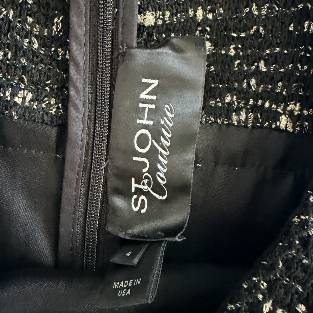 St. John Couture Black Gold Metallic Silk Wool Boucle Tweed Dress 4 Old Money - Picture 3 of 11